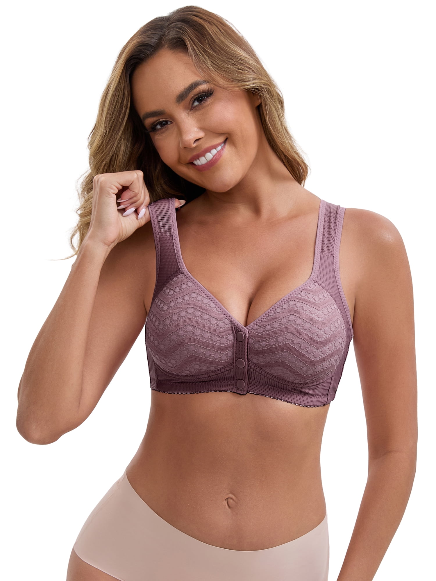 DARING DIVA Women's Lace Front Closure Push Up Wide Strap Bra S Dark Purple