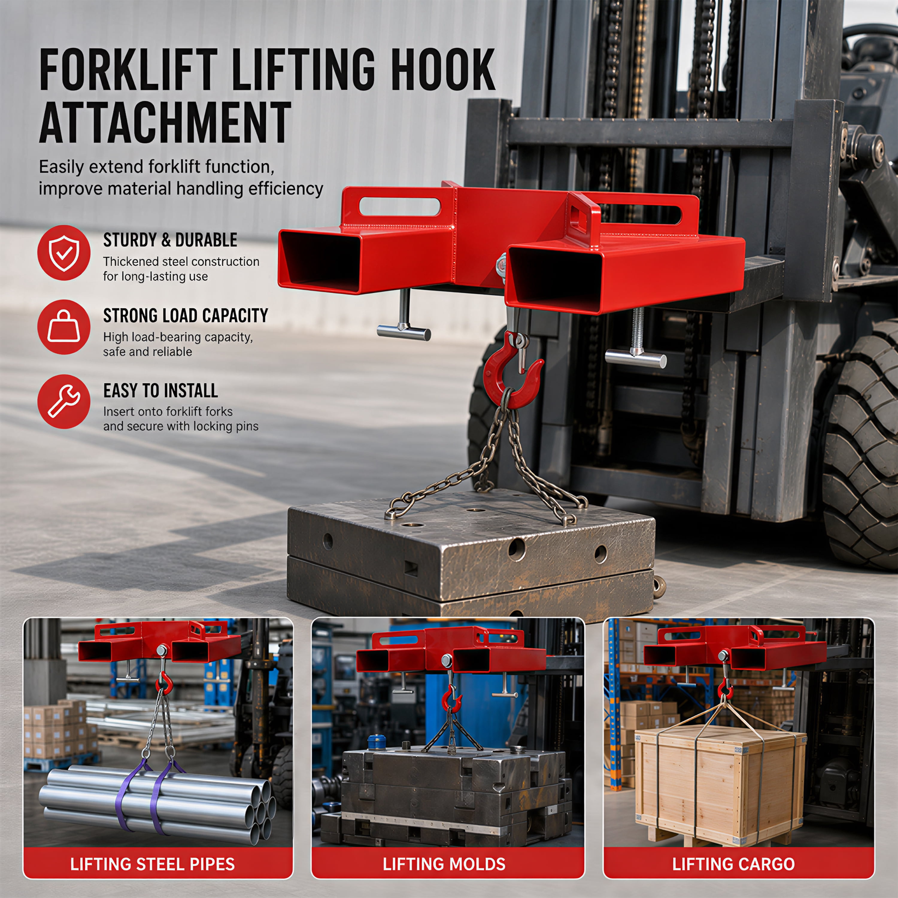 Heavy Duty Forklift Mobile Crane Attachment, 6600 LBS Load Capacity Fork Lifting Hoist with Safety Hook & Dual Large T-Bolts, Red Forklift Fork Mount Lifting Hook for Warehouse Material Handling