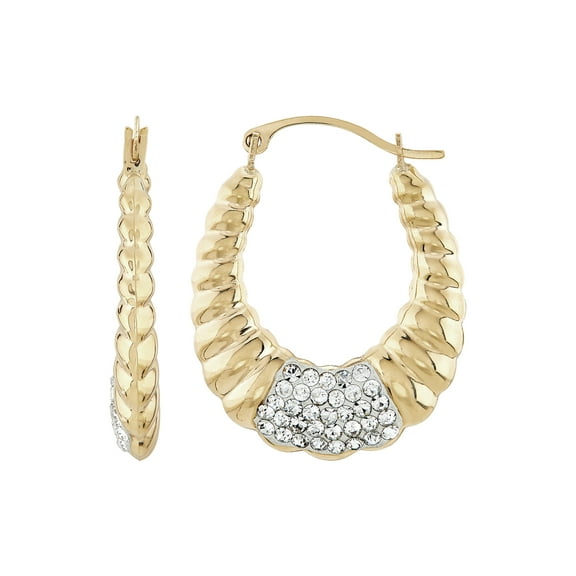 BrillianceFine Jewelry White Crystals Hollow Oval Shrimp Hoops in 10K Yellow Gold