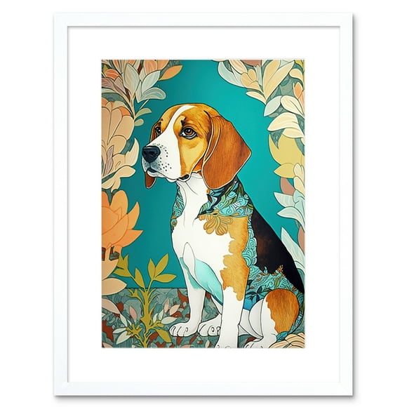 Beagle Dog With Floral Frame and Ornate Fur Coat Colourful Modern Art Nouveau Illustration Artwork Framed Wall Art Print 9X7 Inch