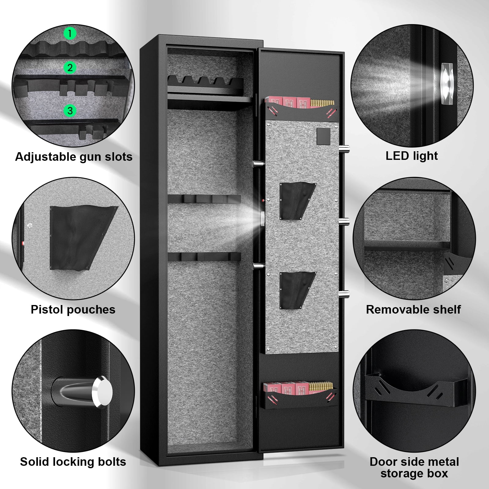 5 Gun Safe, Quick Access Gun Safe with Silent Mode and Alarm System, Gun Safe for Pistols, Gun Cabinet with Removable Shelf and 3 Adjustable Gun Slots