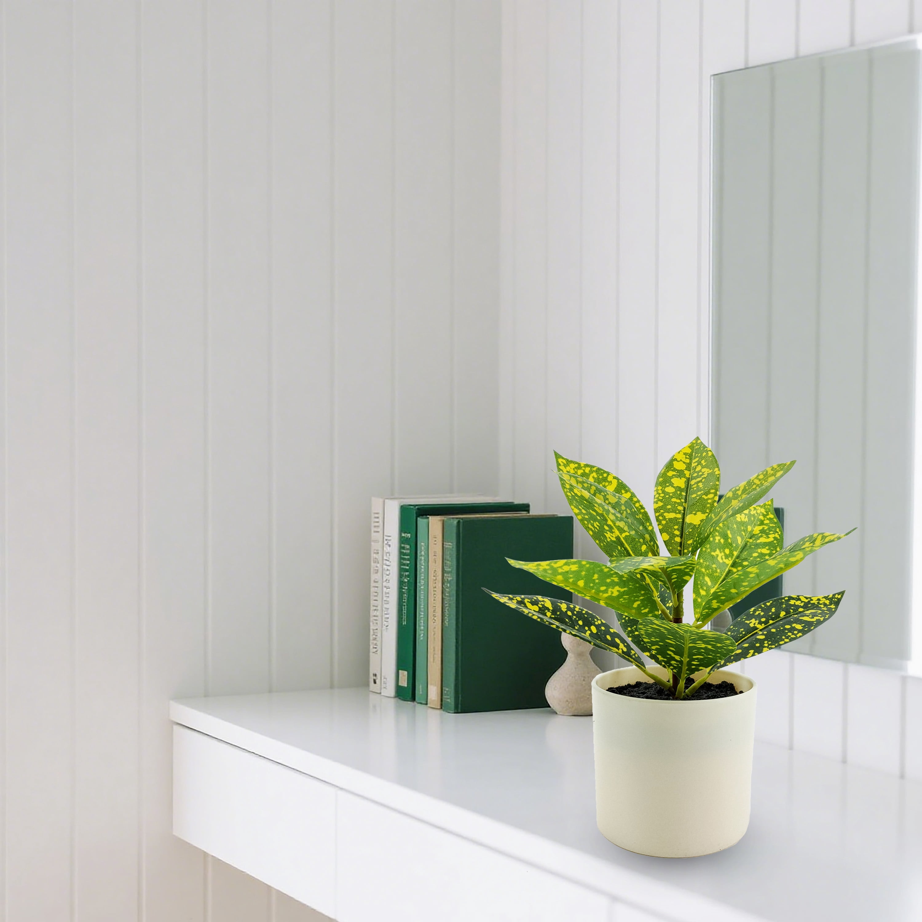 Mainstays Indoor Artificial 7.5in plant in Pot, Spotted Laurel Plant, Green and Yellow Color.