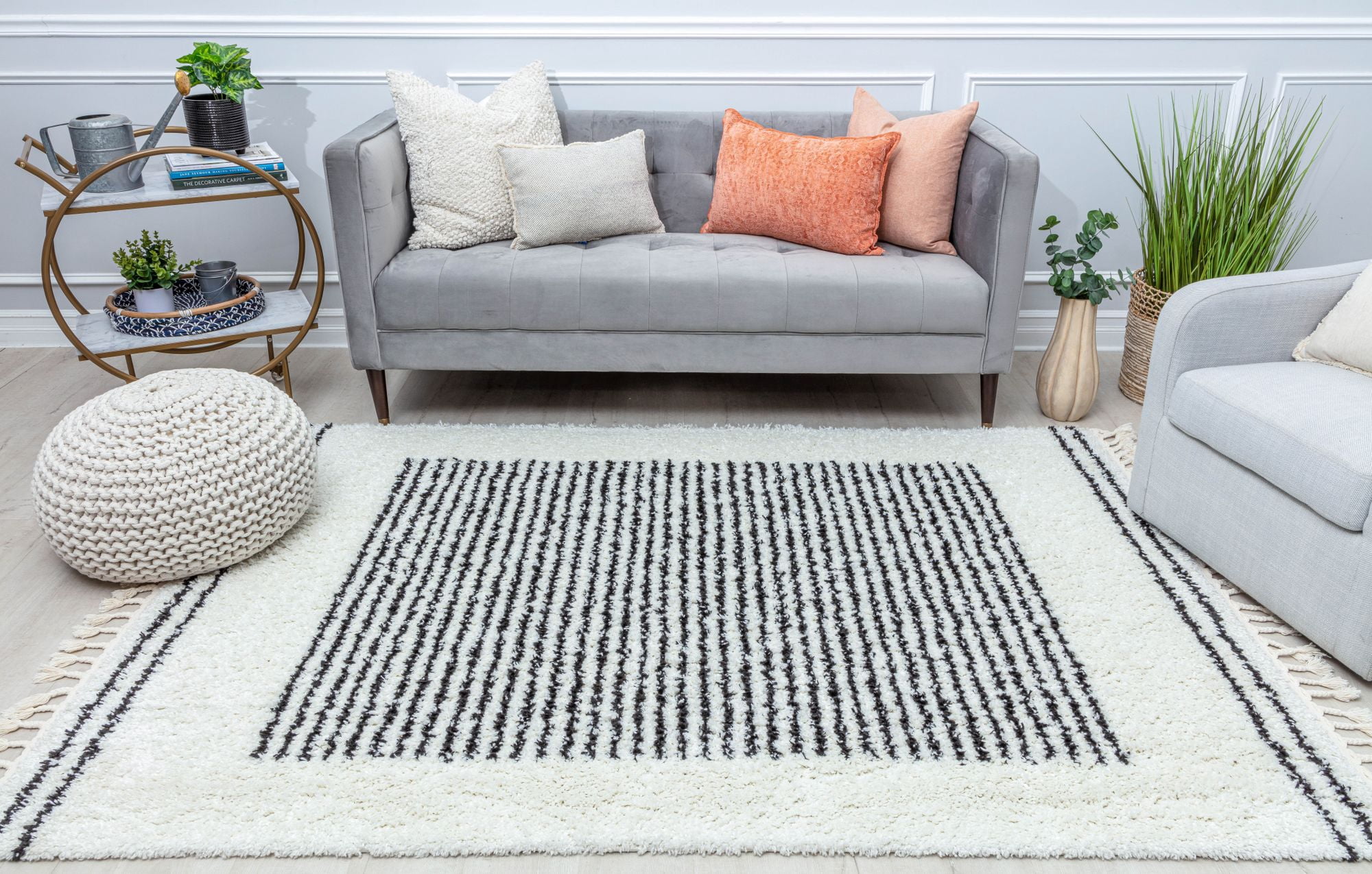 Rugs America BT35D Snow Veil Stripe Shag White Area Rug, 2'6" x 8'
