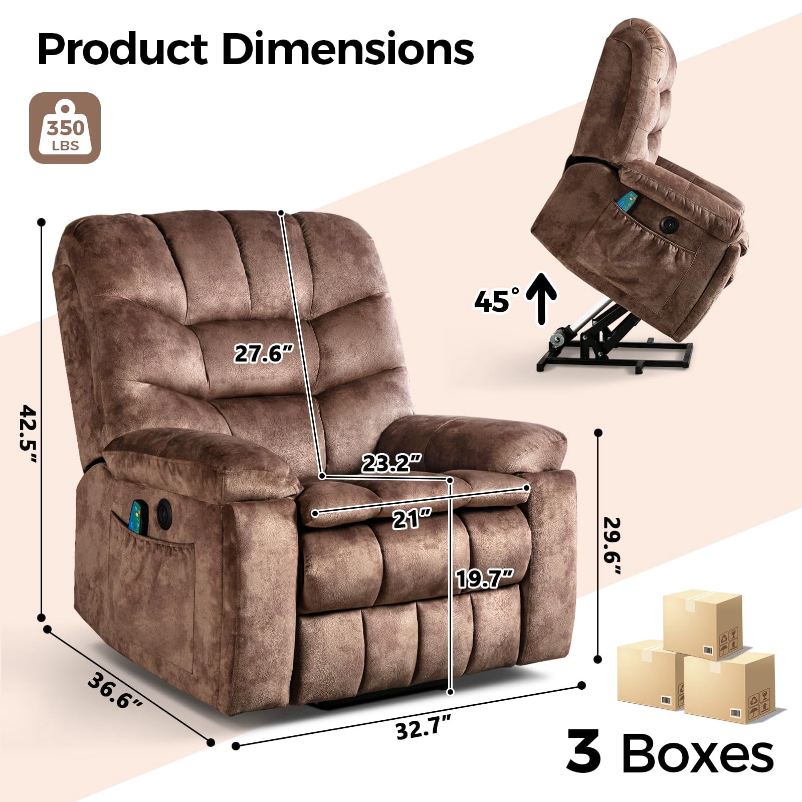 Ebello 40.5" Wide Extra Large Microfiber Electric Heated Massage Lift Recliner Living Room Chair with 2 Cup Holders, Brown