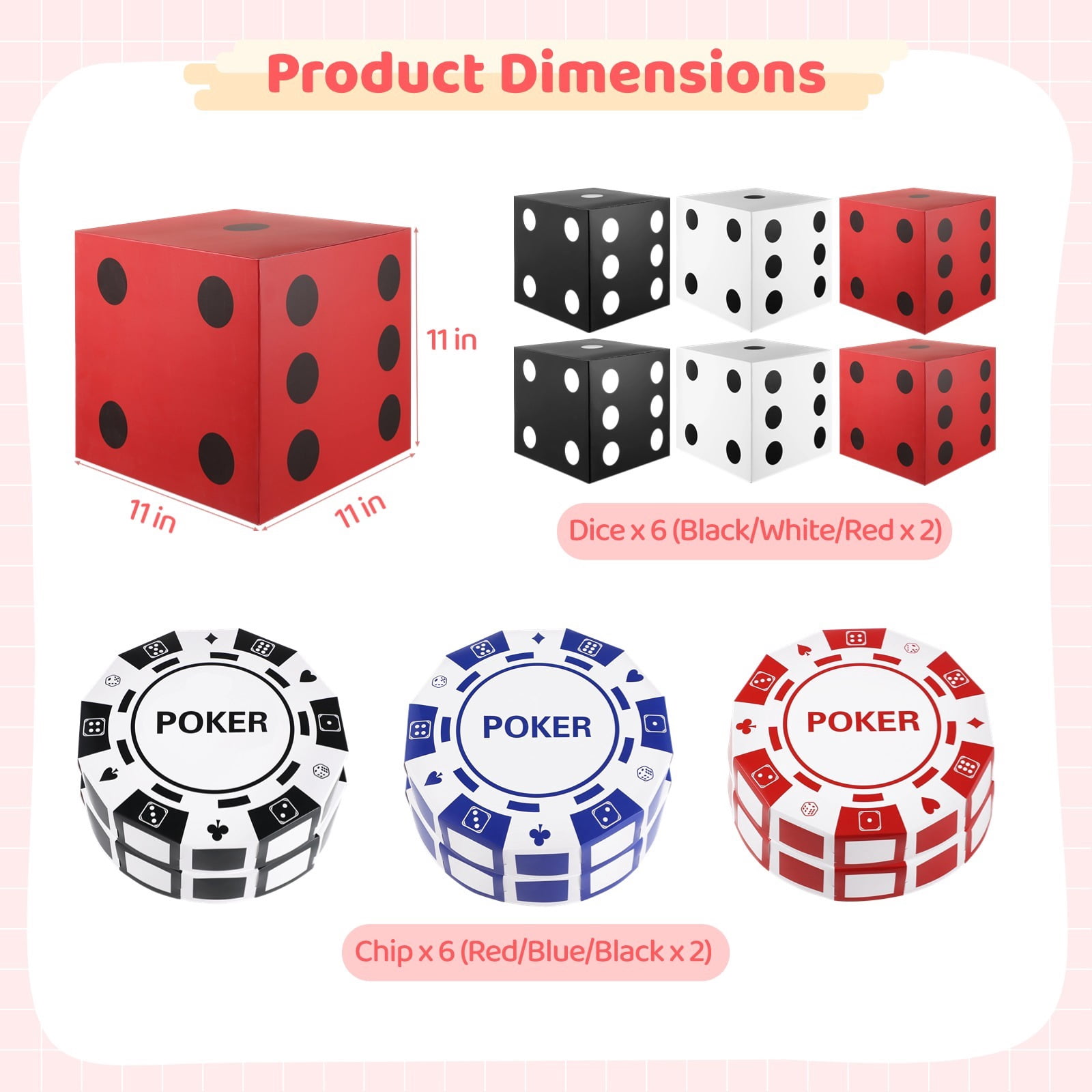 6 PCS Dice Favor Boxes with 6 PCS Chips, 11 x 11 x 11 Inches Casino Theme Party Decorations Dice Boxes, Dice Centerpieces Casino Birthday Party Decorations Boxes, Large Dice Boxes for Casino