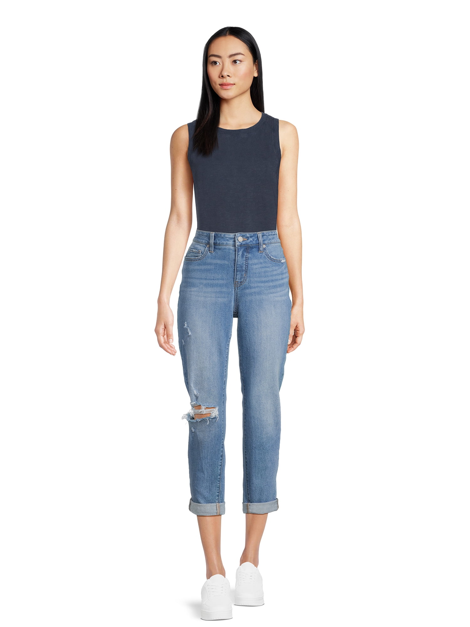 Time and Tru Women's High Rise Boyfriend Cuffed Crop Jeans, 26" Inseam , Sizes 2-20