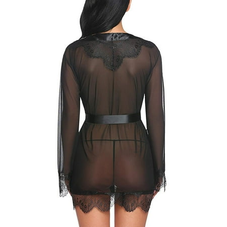 MQLKF Women Sexy Lace Patchwork Long Sleeve Nightgown Bath Robe Lingerie With Belt Fashionable Breathable Women Nightgown
