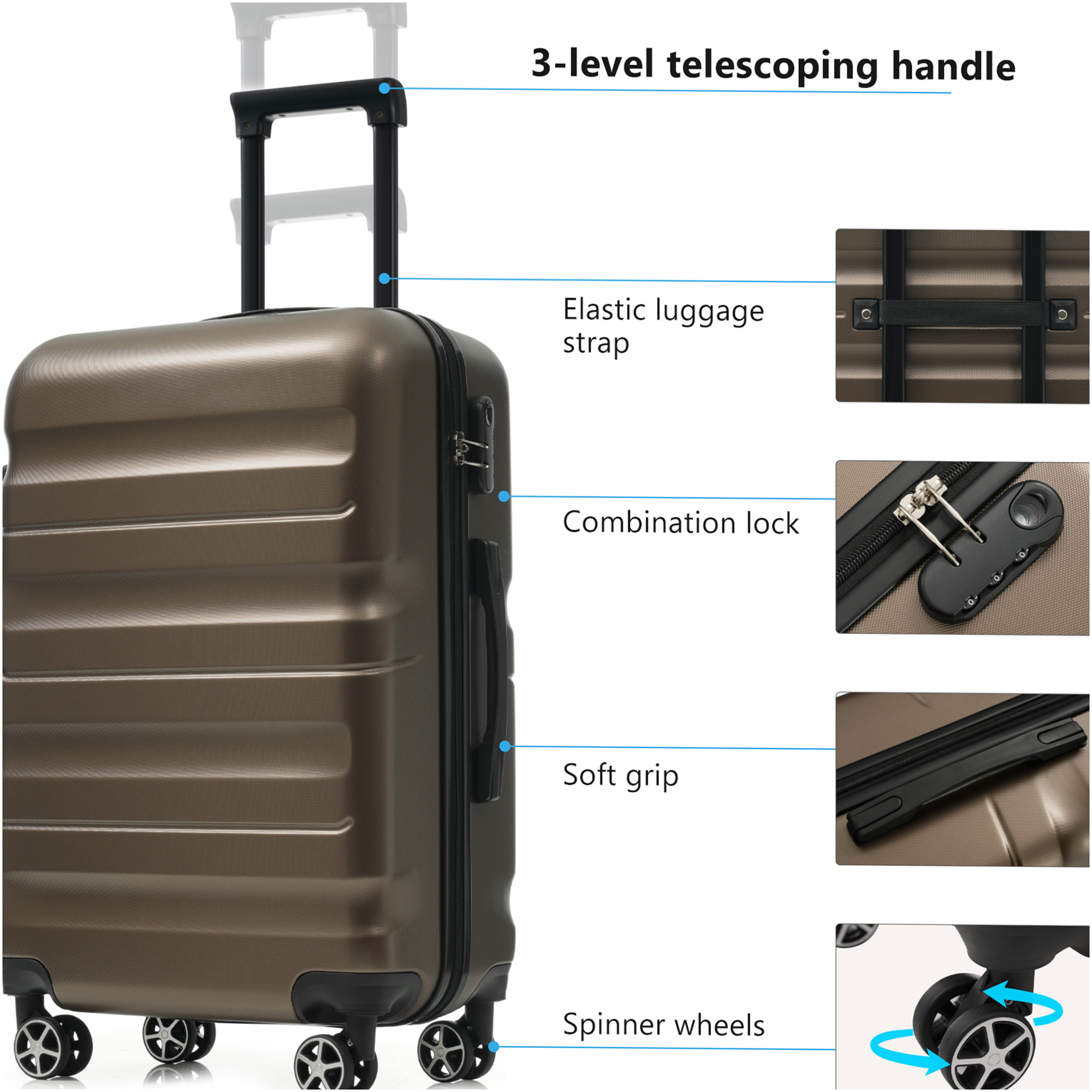 JERFIT 6-Piece Brown ABS Hardshell Luggage Set with Spinner Wheels, Lightweight Durable Suitcases for Travel, Carry On Included