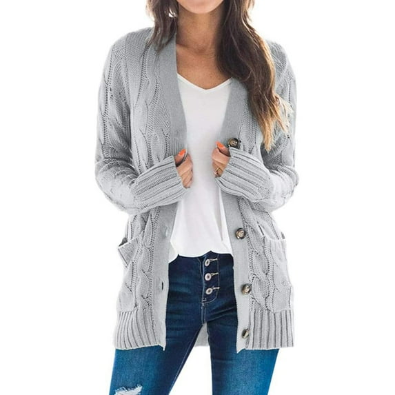 Women's Open Front Long Sleeve Cardigan Sweater Cable Knit Pocket Outwear