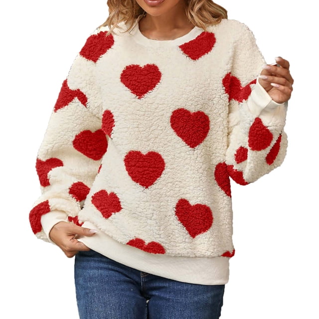 Bowake Femmes Molleton Floue Tops Casual Peluche Coeur Imprimé Col Rond Manches Longues Pull Sweatshirts Blouse