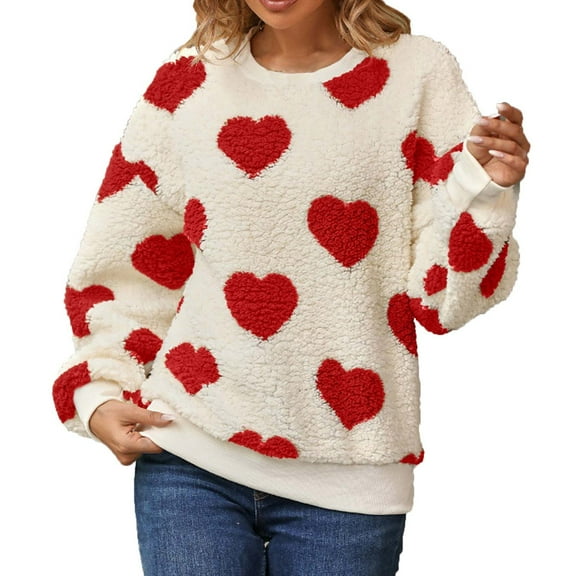 Womens Round Neck Fleece Pullover Long Sleeve Heart Printed Tops Winter Trendy Casual Sweatshirt