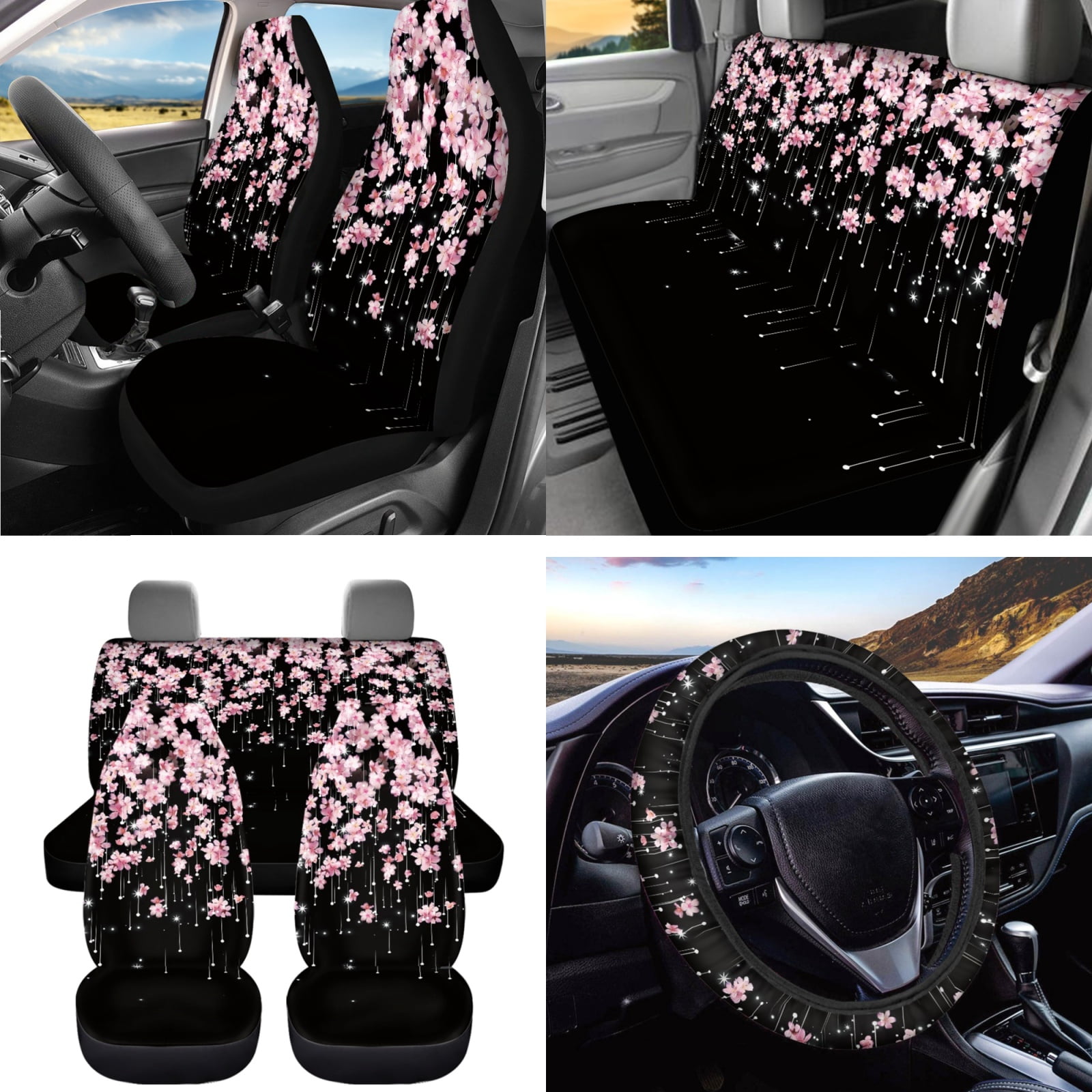 Jeiento 15 PCS Car Seat Cover Full Set for Women Includes Steering Wheel Cover Belt Shoulder Pads Trash Bin Air Vent Phone Holder Rearview Protection Cover Coasters Key Chain Pink Cherry Blossom