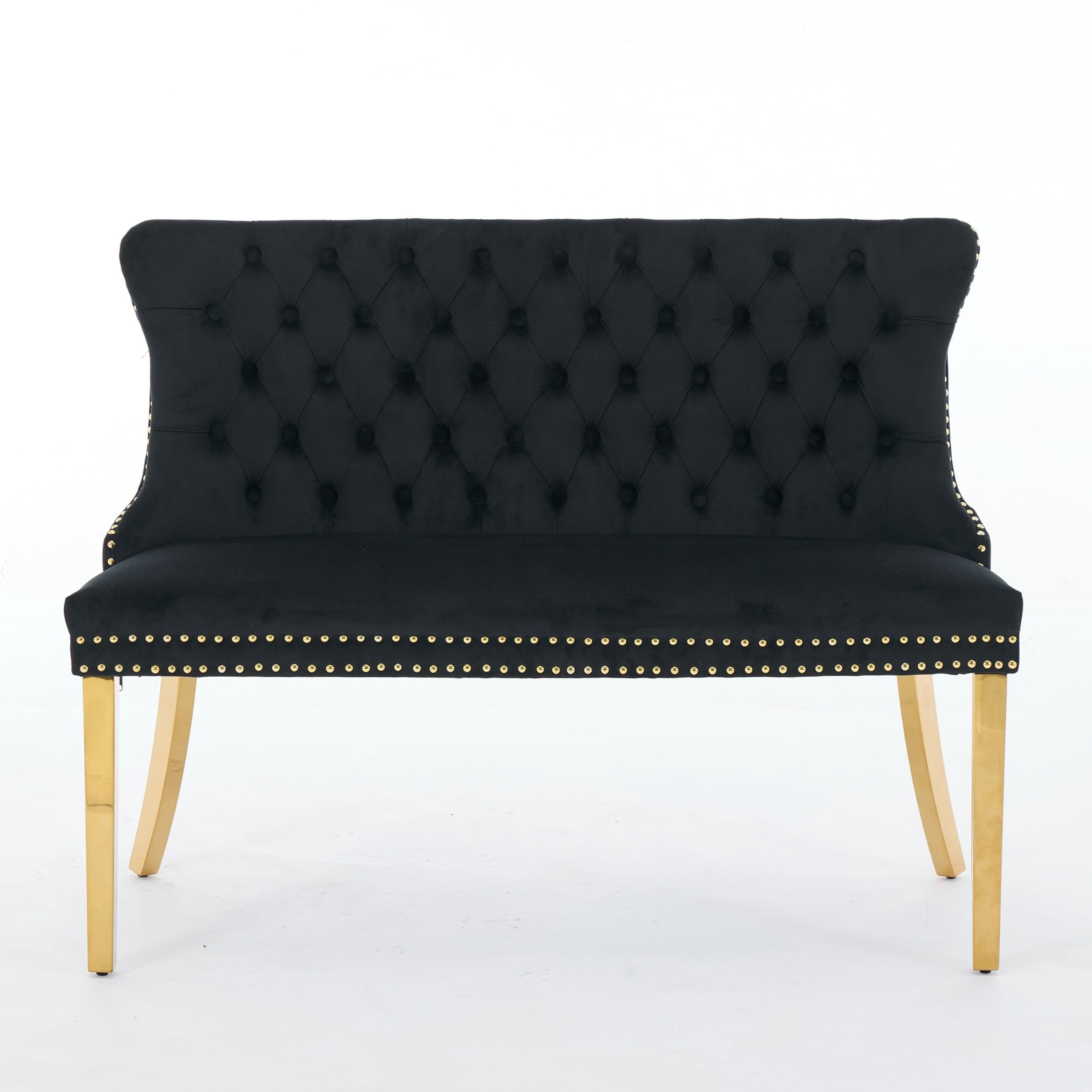 Black Velvet Double Dining Loveseat Bench, Tufted 2-Seat Kitchen & Dining Seating with Wing Back, Handmade Button Craft, Gold-Plated Steel Legs, Mid Century Modern Style