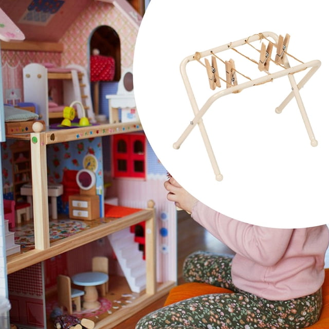 Tendedero de ropa para casa de muñecas Hugo muebles en miniatura simulación Mini con pinzas para tela para jardín de hadas