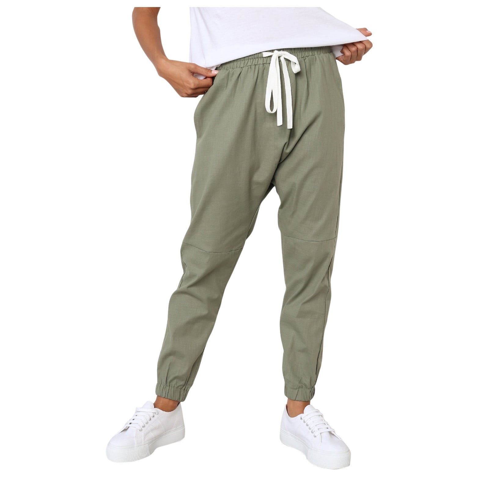 Mrat Girls Baseball Pants Full Length Pants Womens Casual Solid Color Drawcord With Pockets And Cropped Casual Trousers Lounge Pants with Pockets Army Green XL