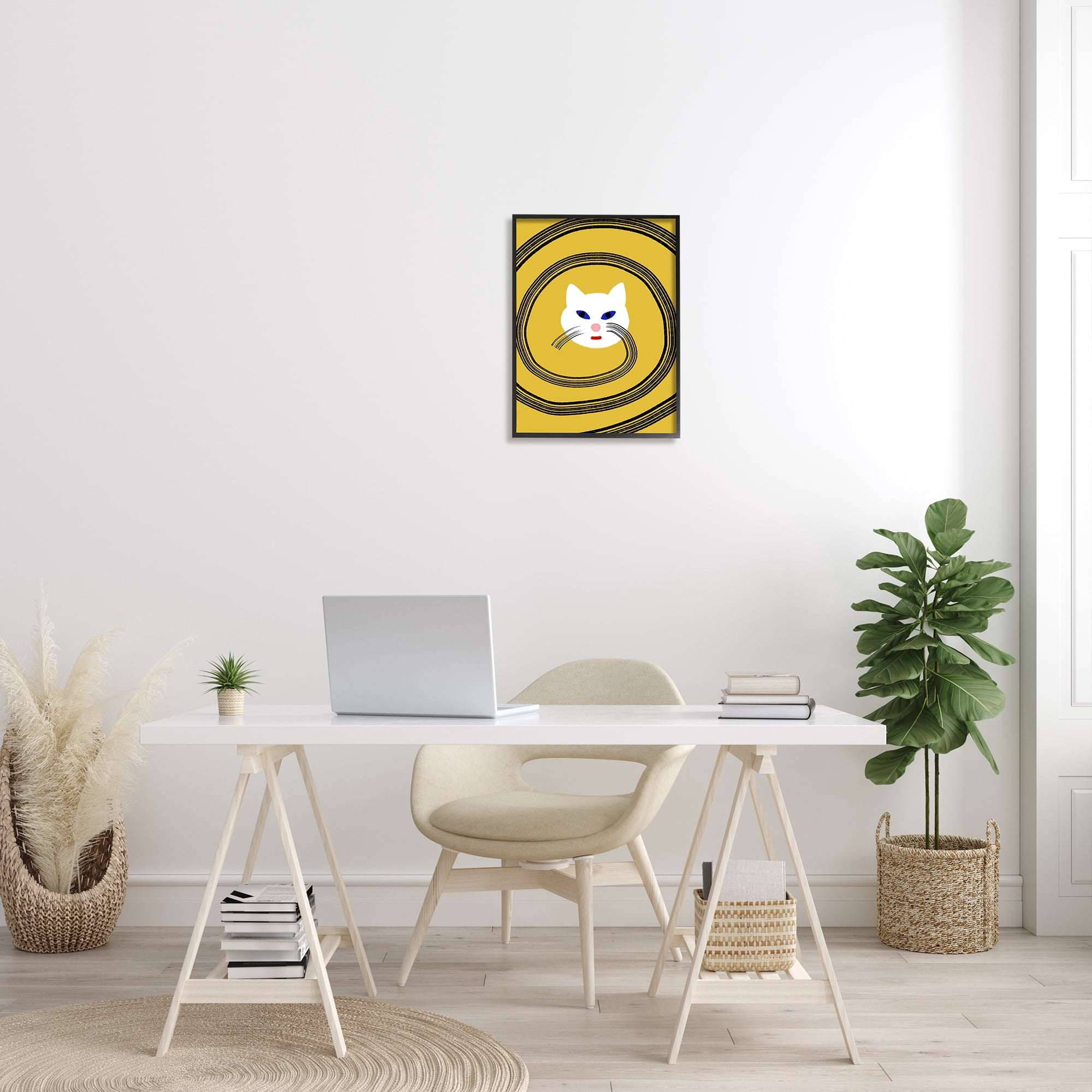Stupell Industries Cat Whiskers Meow Abstract Modern Spiral over Yellow Animals & Insects Painting Black Framed Art Print Wall Art, 16 x 20