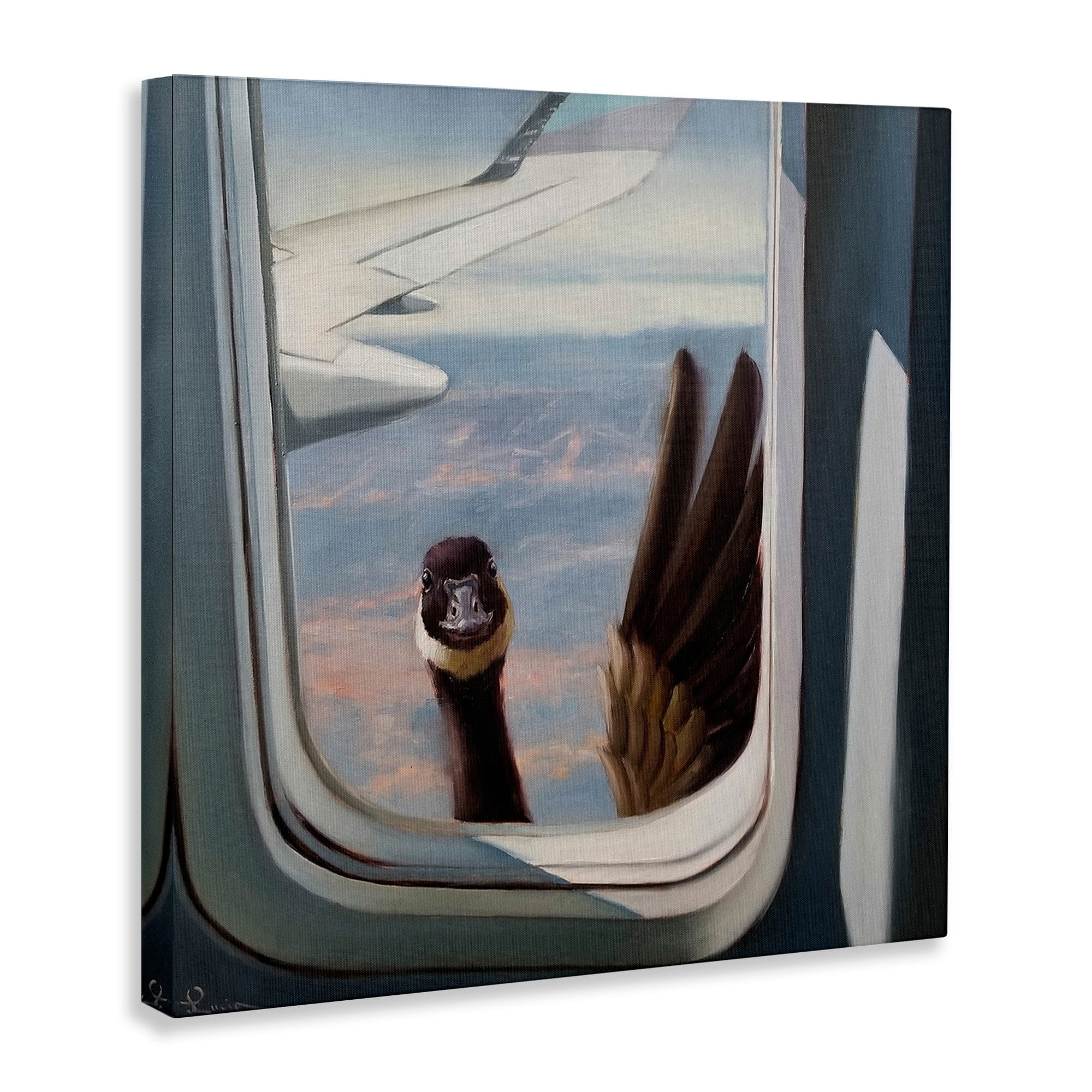 Hello from a Goose Airplane Window Scene Painting Animals & Insects Gallery-Wrapped Canvas Print Wall Art, 17x17