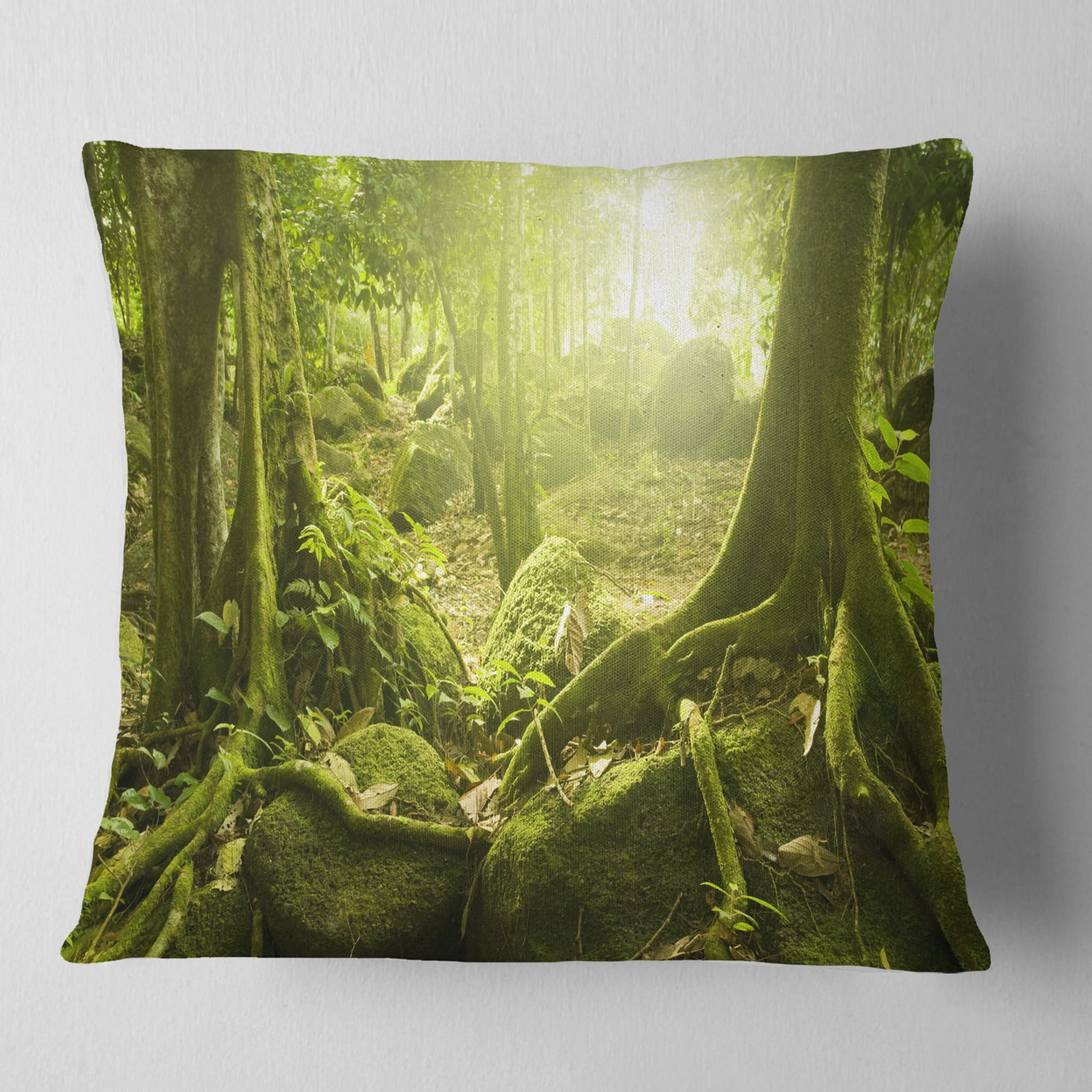 Designart Green Forest with Sun - Landscape Photography Throw Pillow - 18x18