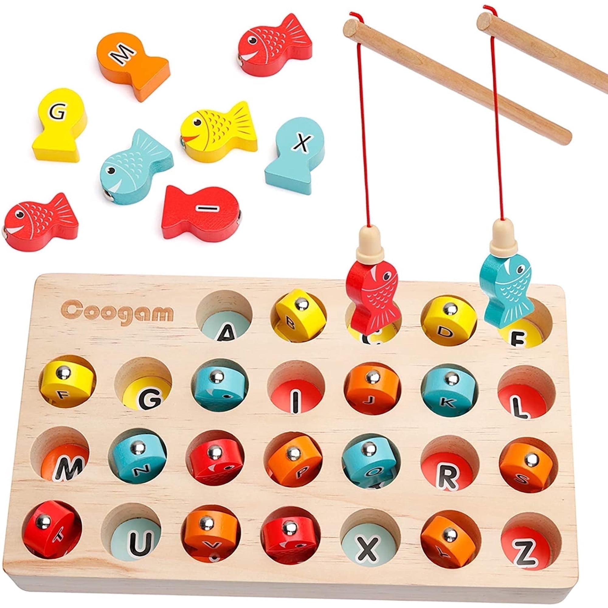 Coogam Wooden Fishing Game, Fine Motor Skill Toy Alphabet Color Sorting Puzzle, Montessori Letters Cognition Preschool for 3 Years Old