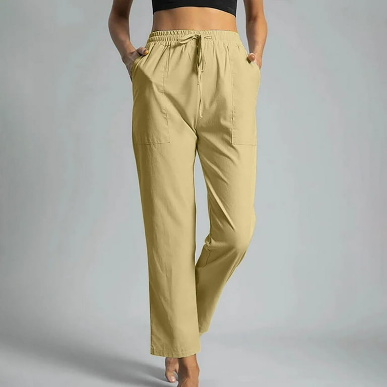 Miluxas Plus Size Pants for Women,Women Solid Cotton Linen Ankle-Length  Pants Pokets Elastic Trousers Long Pants Trousers On Clearance Khaki 8(L) 