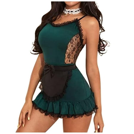 

Women Lingerie Ladies Cute Girl Solid Erotic Lingerie Spaghetti Straps Lace Zipper Maid Costume Dress With Apron Lingerie Sets with Garter Lingerie Black Lace