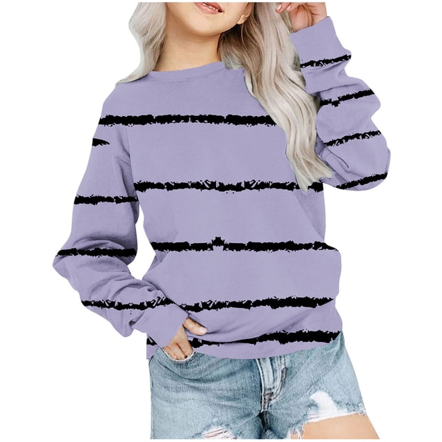 Bowake Girls Striped Color Block Sweatshirts Kids Crewneck Long Sleeve Pullover Tops Fashion Clothes