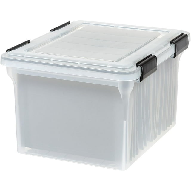 File Box WeatherPro File Organizer Plastic File Box for Letter/Legal File Water Document Box Durable Lid Gasket Seal w/ Secure Buckles Stackable Clear L ( US Qt)