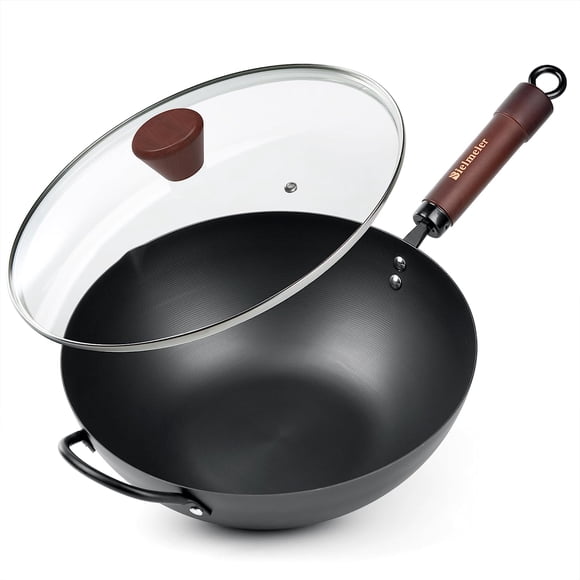BIELMEIER 12.5“ Wok Pan with Lid, Versatile and Durable Carbon Steel Wok - Natural Non-Stick Woks and Stir Fry Pans, Flat Bottom Wok Suitable for All Cooktops - Perfect for Asian Cuisine…