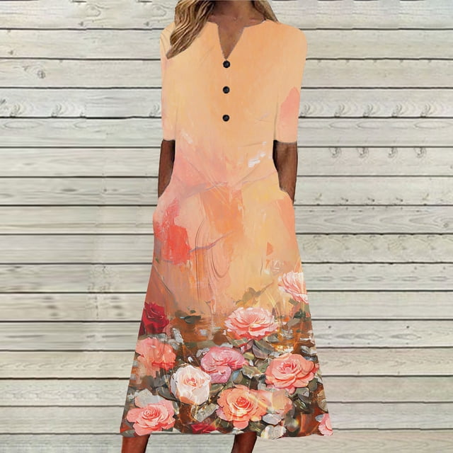 Staron Robe d'Été pour Femmes à Manches Courtes, Ample, Décontractée de Printemps, Longue, Plage, Florale, Bohème, Boutonnée, Col en V, Fluide, Ligne A, Grande Taille, Robes S