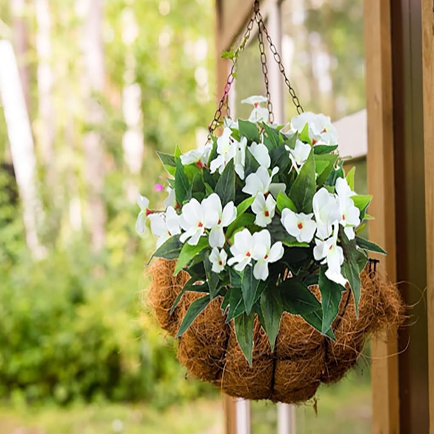 Artificial Impatiens Flowers 4 Pcs Silk Impatiens Flower White Faux Greenery Fake Flowers Bushes for Hanging Basket Porch Office Wedding Decor,16 inch,HYG