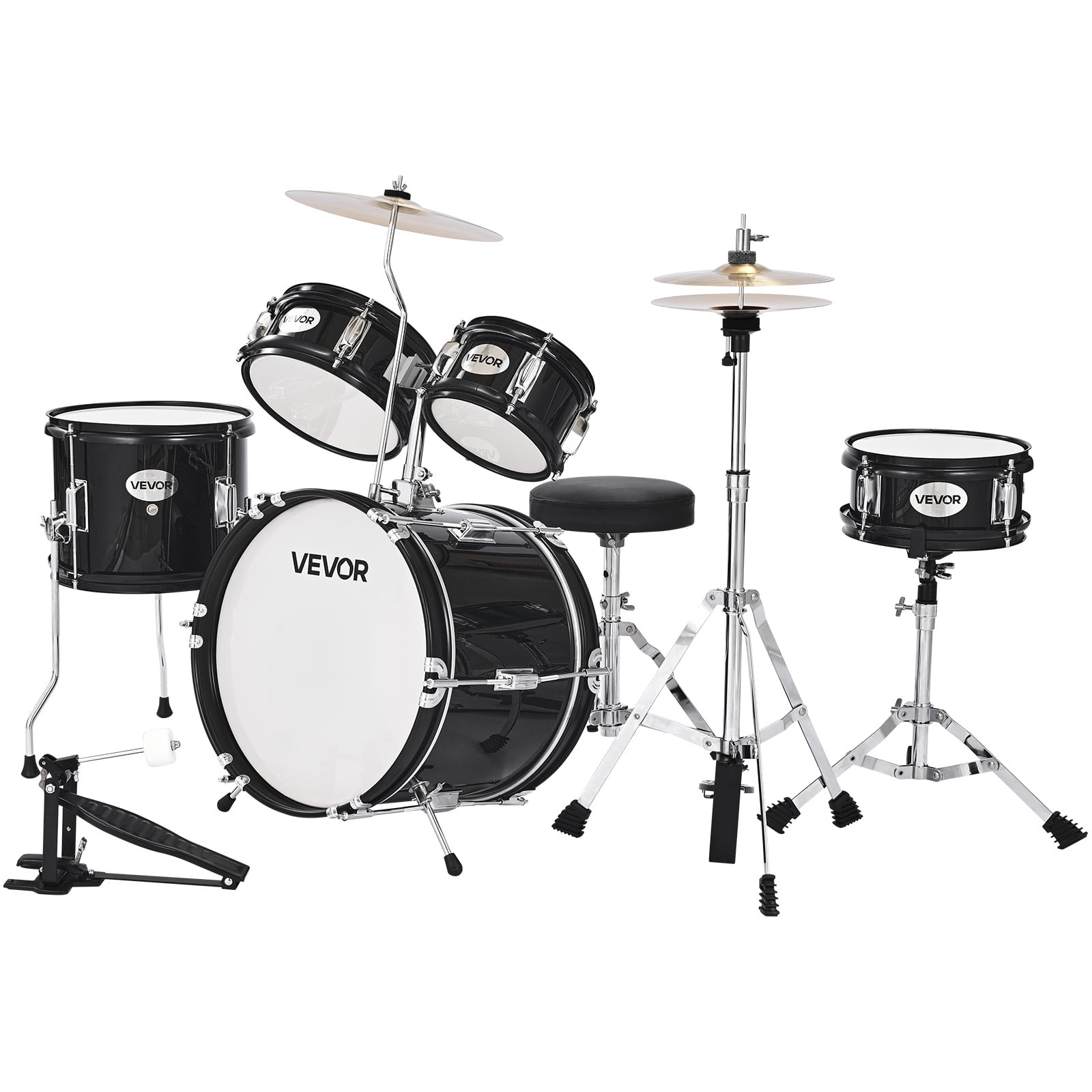 VEVOR Kids Drum Set,5-Piece 14 in Junior Drum Sets, Beginner Drums Set with Adjustable Throne, Cymbal & Two Pairs of Drumsticks, Musical Learning Drums Kit(Black)