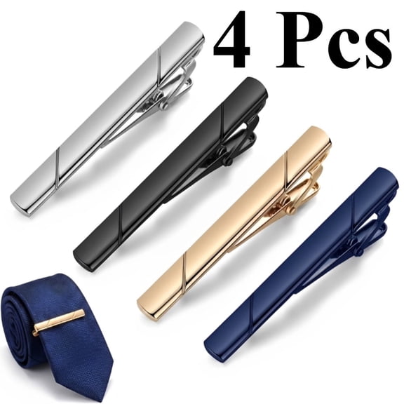 Classic Men Tie Bar Set, 4 Pack Black Gold Blue Gray Silver Metal Clips, for Office Business Formal Occasions