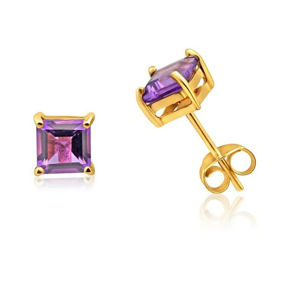 Paris Jewelry 10k Yellow Gold 2 Ct Princess Cut Created Amethyst Stud Earrings Plated Woman