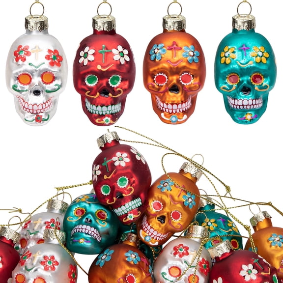 EBaokuup 12pcs Day of The Dead Glass Ornaments-Dia De Los Muertos Sugar Skull Decor for Halloween