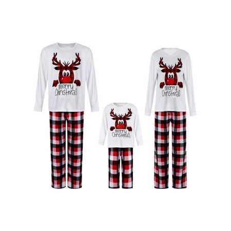 

Family Matching Christmas Pajamas Set Reindeer Print Long Sleeve T-Shirt + Plaid Pants Sleepwear for Adults Kids