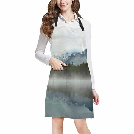 ASHLEIGH Nature Theme Lake Herbert Panorama Foggy Mountain in Canada Unisex Adjustable Bib Apron with Pockets for Women Men Girls Chef for Cooking Baking Gardening