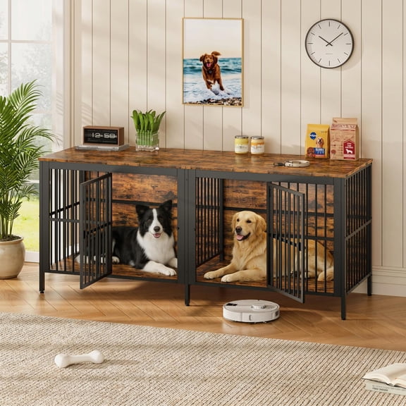 80-Inch Heavy Duty Dog Crate End Table, 2-Door Indoor Pet Kennel Furniture with Double Compartments, Multipurpose Dog House Cage as TV Stand Side Table for Large Medium Dogs, Rustic Brown
