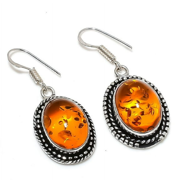 Natural Baltic Amber Gemstone Handmade 925 Sterling Silver Earring 1.81"