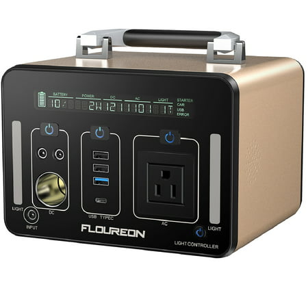 Floureon Portable Power Station 500Wh Quiet Gas Free Solar Generator QC3.0 UPS Li-Power Supply with Dual 110V AC Outlet, 3 DC Ports, 2 USB Ports, LED Flashlights for Camping Travel CPAP