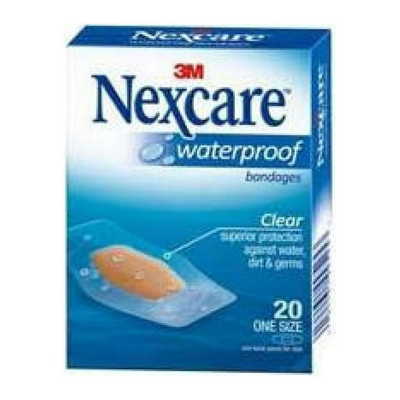 3M Nexcare Waterproof Bandage, Size One, 1-1/16 X 2-1/4 In., Plastic, Rectangle, Breathable Clear, Box of 20, 6 Count