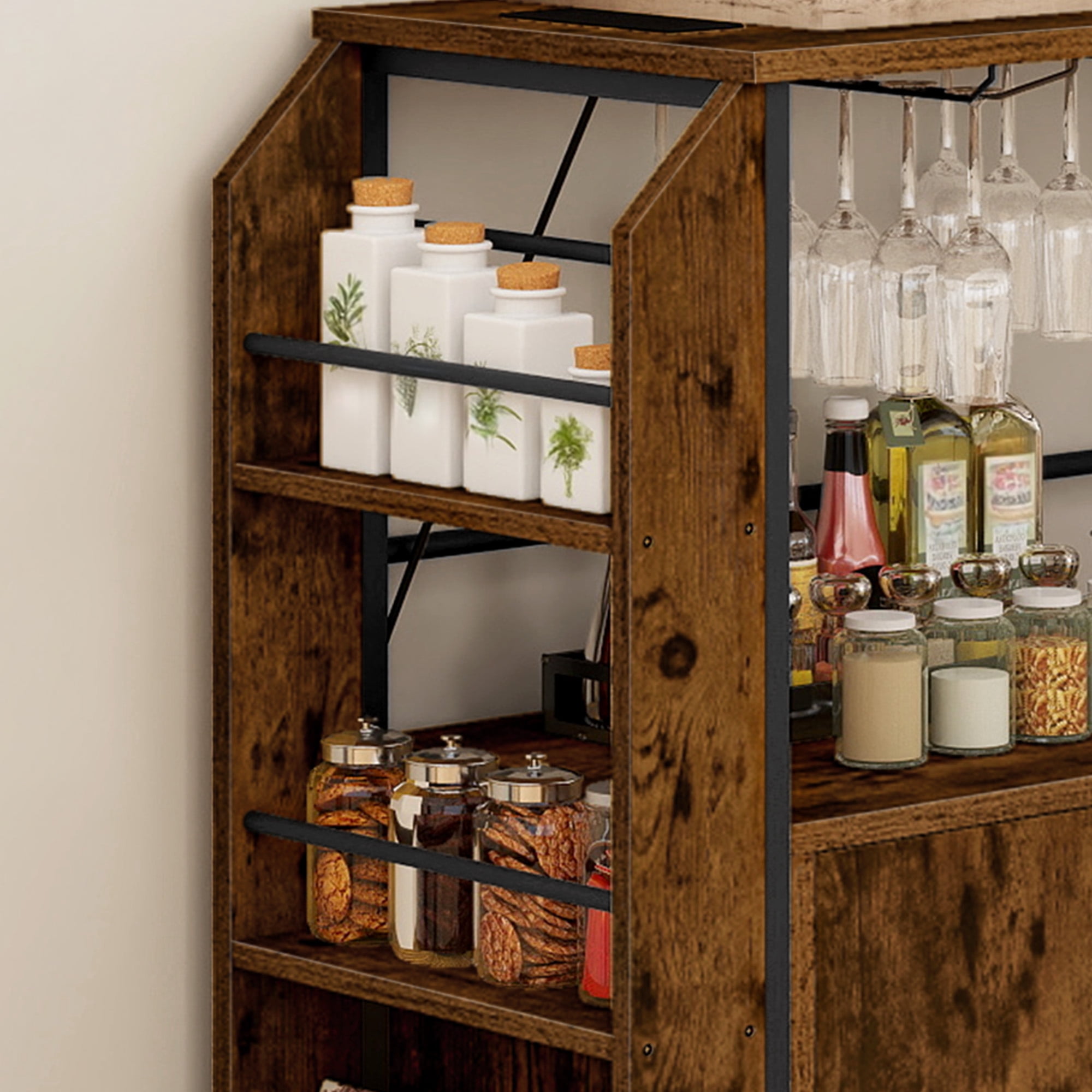 Uforic Kitchen Storage Cart with Power Outlets & Doors, Kitchen Trolley with Storage Shelves, Brown