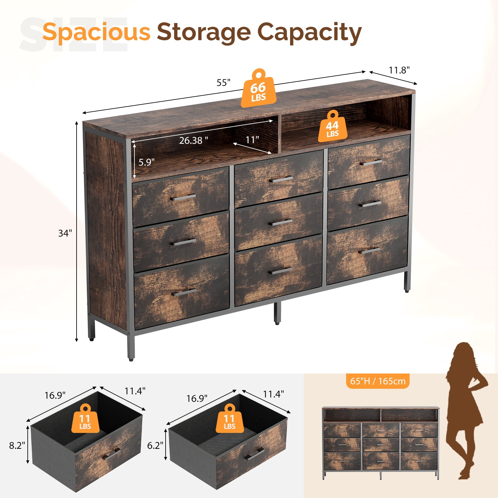 UBesGoo 9 Drawer Wood Dresser for Bedroom, Modern Dressers Storage Organizer Cabinet for Living Room, Entryway, Hallway Brown