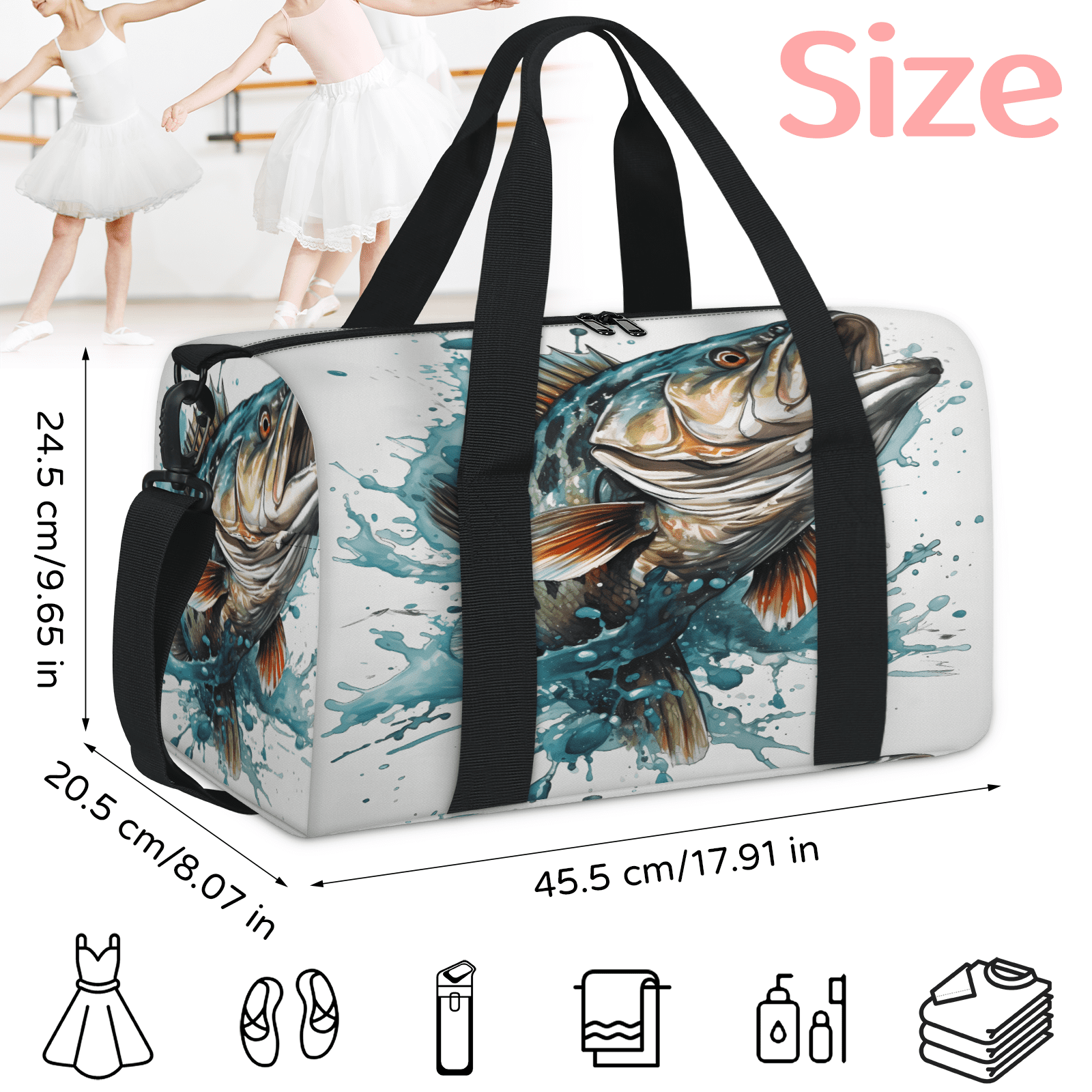 Herdesigns Funny Fish Gym Bag for Women, Duffle Bag for Travel Sport, Bass Fish Lightweight Waterproof Carry on Weekender Dance Yoga Workout Bags