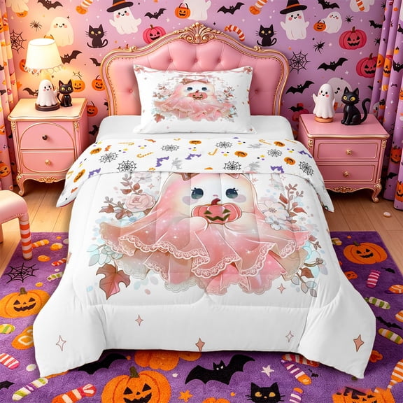 Manfei Halloween Bow Ghost Twin Comforter Sets 2pcs, Cute Rose Flower Pumpkin Bedding Set, Peach White,Reversible,1 Comforter and 1 Pillowcase