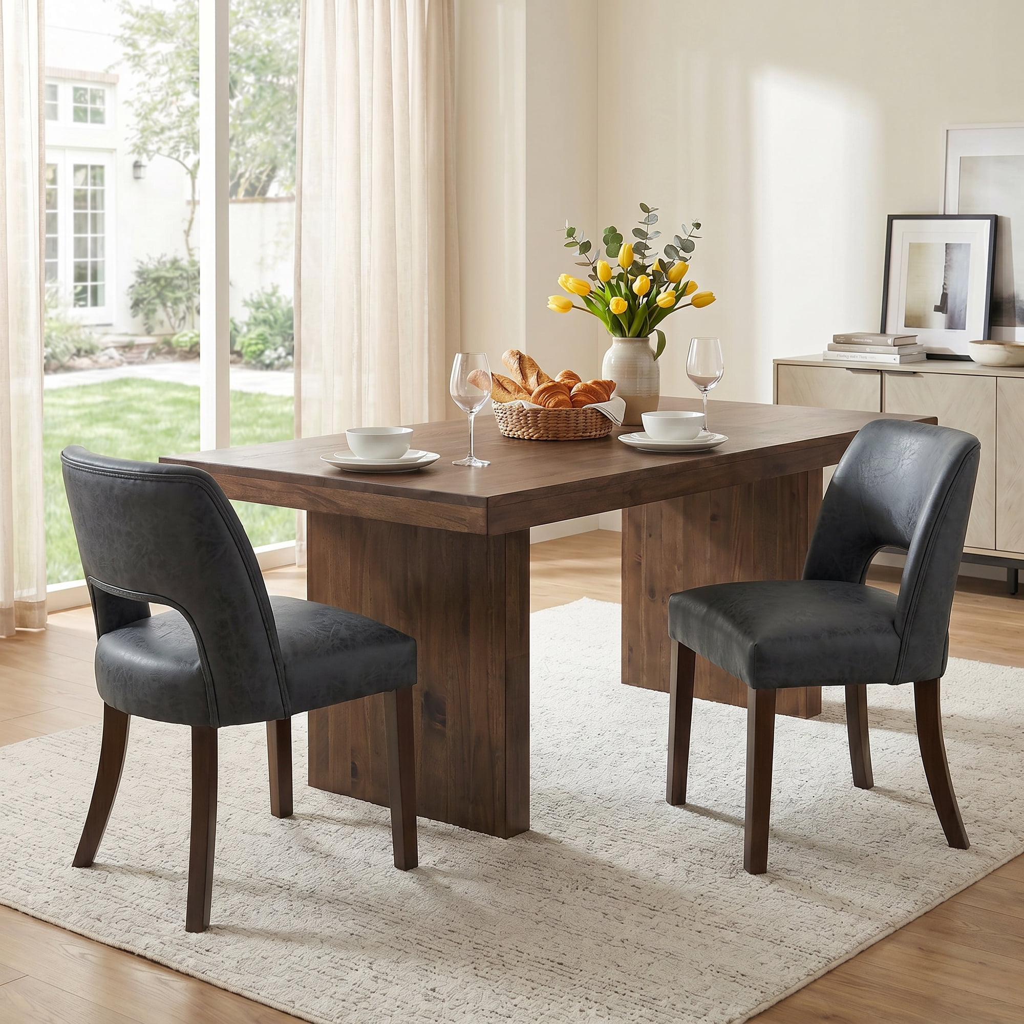 VKNOW Faux Leather 20.7" W Upholstered Dining Chairs Set of 6, Thick Foam Cushion Kitchen & Dining Room Chairs with Solid Wood Legs, Black