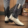 thumbnail image 2 of Men's Western Cowboy Boots - Retro Embroidery Mid Calf Pull-On Boots with Snakeskin Pattern, Round Toe, Chunky Heel, Slip Resistant, (Brown & Black Options), 2 of 6
