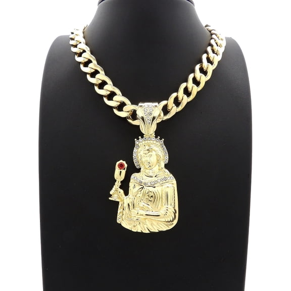 SANTA BARBARA GOLD PLATED RELIGIOUS PENDANT & 10mm 20" CUBAN CHAIN NECKLACE FOR UNISEX , MEN, WOMEN