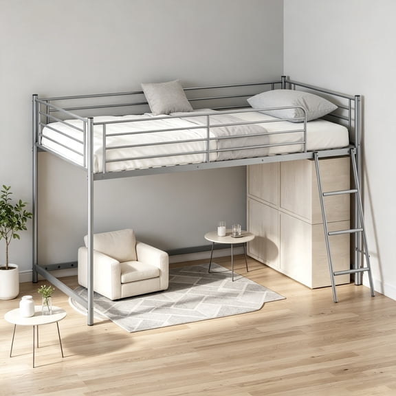 Low Loft Bed with Inclined Ladder, Metal Twin Size Bed Frame with 15” High Guardrail for Boys Girls, Junior, Space Saving, Mattress Not Included (Silver)