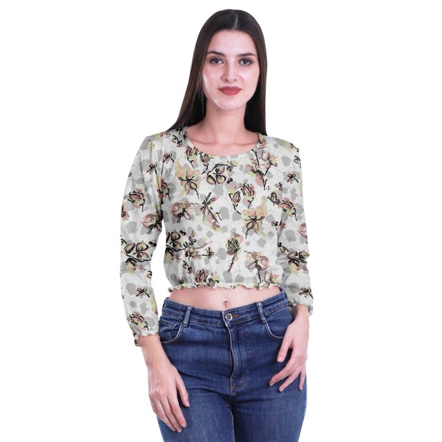 Moomaya Printed Crop Tops For Women Long Sleeve Elastic Hem Round Neck T Shirt