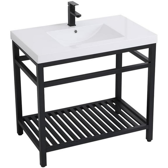 Pemberly Row 36" Single Resin Top Metal Bathroom Vanity in Black